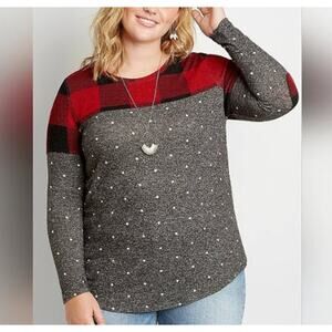 Maurices Buffalo Plaid Polka Dot Red Gray Jersey Top Women's Plus Size 2X NWT